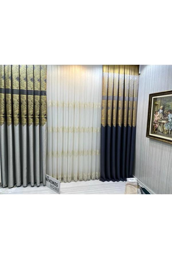 NİVEMESHOME STELLA GOLD EMBROIDERED B121546 1/3 PLEATED TULLE CURTAIN APM