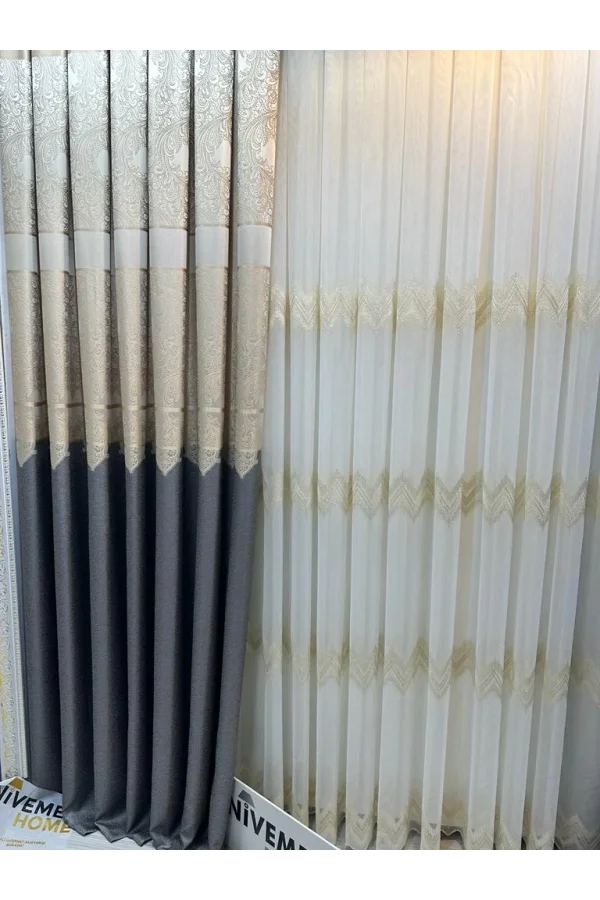 NİVEMESHOME STELLA GOLD EMBROIDERED B121546 1/3 PLEATED TULLE CURTAIN APM