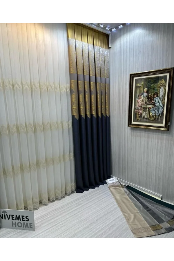 NİVEMESHOME STELLA GOLD EMBROIDERED B121546 1/3 PLEATED TULLE CURTAIN APM