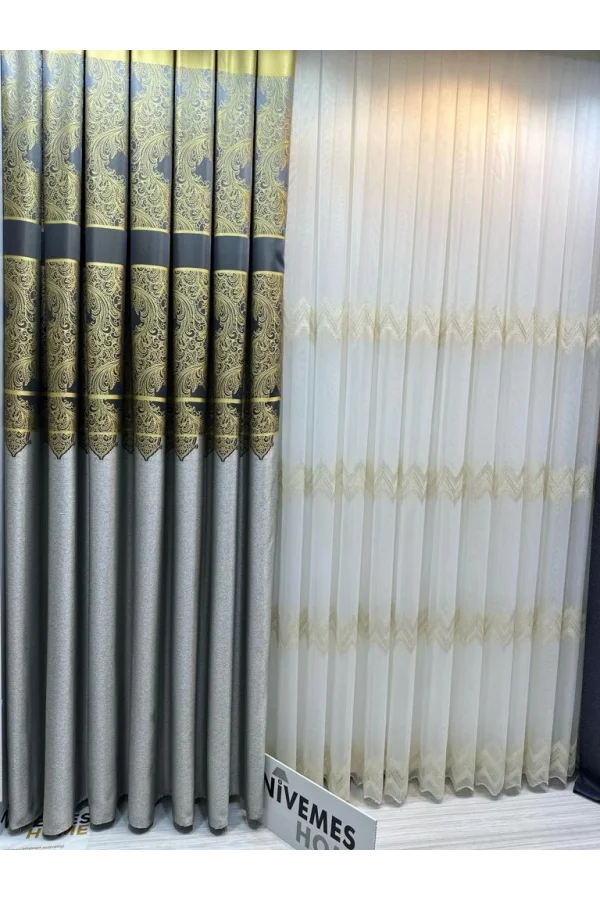 NİVEMESHOME STELLA GOLD EMBROIDERED B121546 1/3 PLEATED TULLE CURTAIN APM