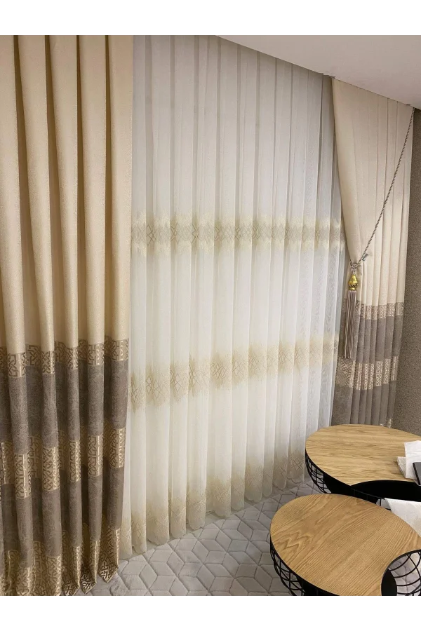 NİVEMESHOME TİTANUM NAKIŞLI KREM 1/3 SIK PİLE TÜL PERDE APM