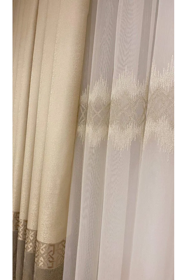 NİVEMESHOME TİTANUM NAKIŞLI KREM 1/3 SIK PİLE TÜL PERDE APM