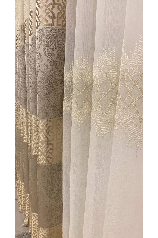 NİVEMESHOME TİTANUM NAKIŞLI KREM 1/3 SIK PİLE TÜL PERDE APM