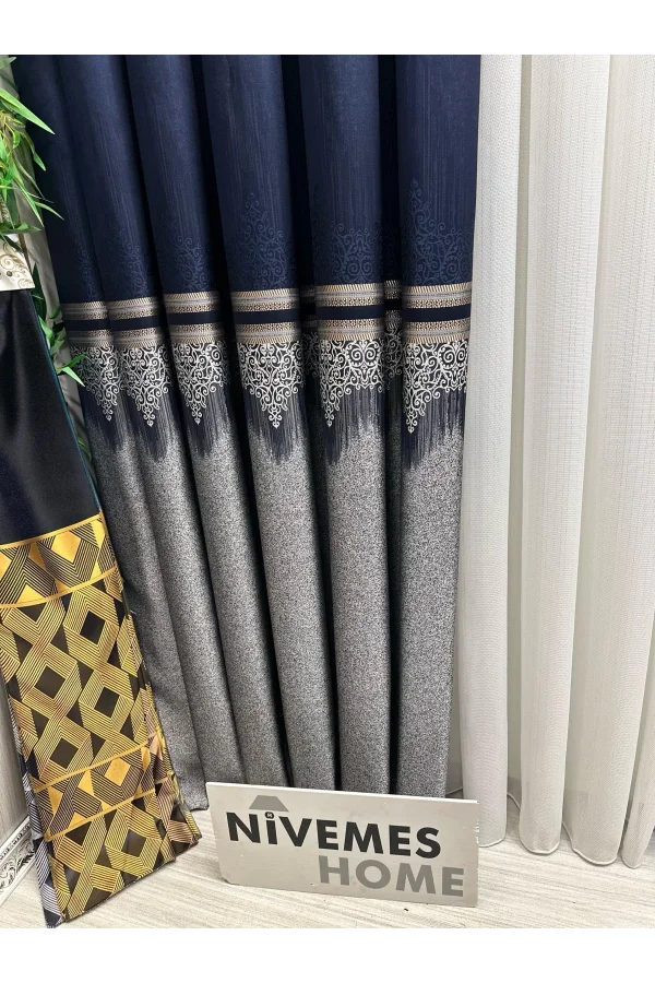 NİVEMESHOME TİTUS FJ632145 V-530 أزرق داكن 1/3 سميكة مكدسة ستارة الصوف