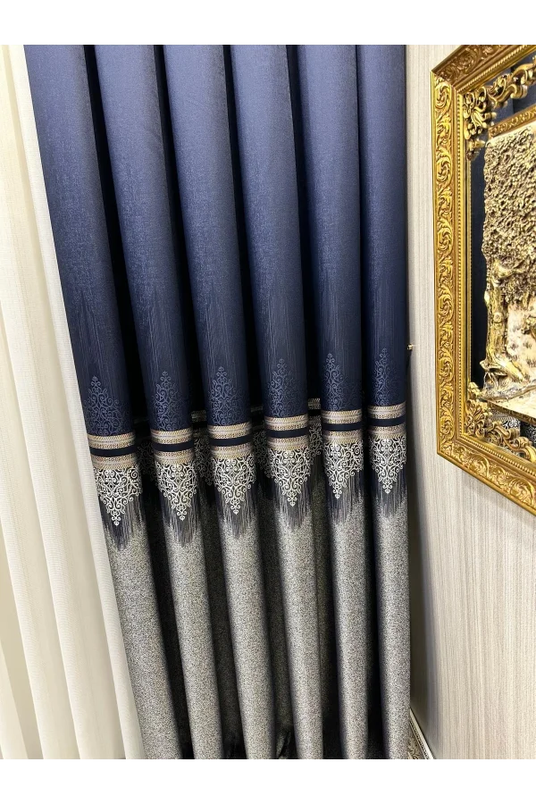 NİVEMESHOME TİTUS FJ632145 V-530 أزرق داكن 1/3 سميكة مكدسة ستارة الصوف