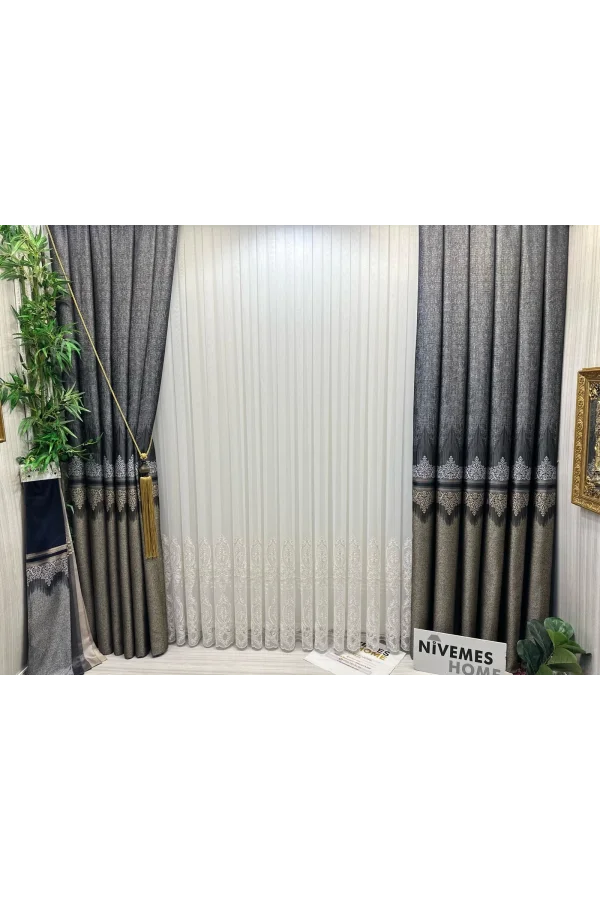 NİVEMESHOME TITUS FJ632145 V-913 SCHWARZ 1/3 DICK GEKNİFFENE FON VORHANG APM