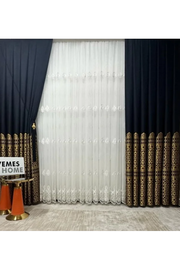 NİVEMESHOME VINTAGE DARK BLUE-GOLD 1/3 HEAVY PILE BACKGROUND CURTAIN APM