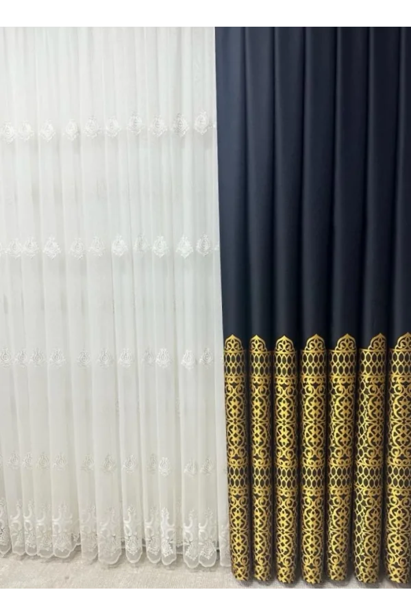 NİVEMESHOME VINTAGE DARK BLUE-GOLD 1/3 HEAVY PILE BACKGROUND CURTAIN APM