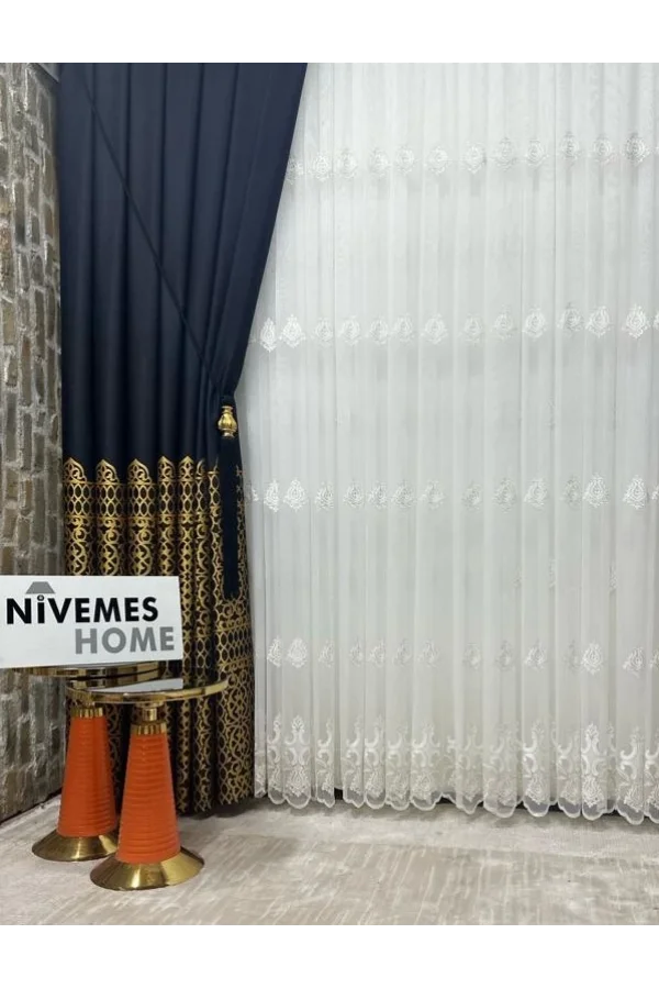 NİVEMESHOME VINTAGE DARK BLUE-GOLD 1/3 HEAVY PILE BACKGROUND CURTAIN APM