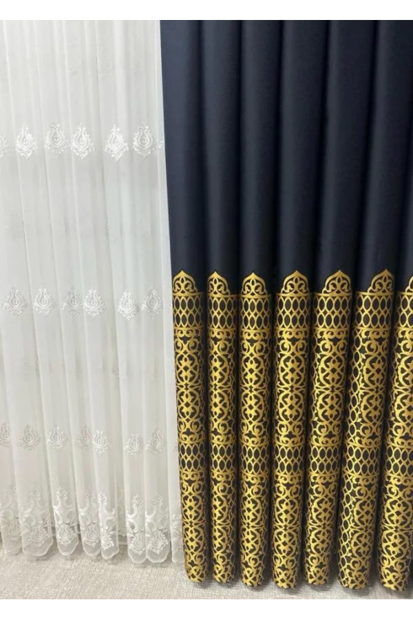 NİVEMESHOME VINTAGE DARK BLUE-GOLD 1/3 HEAVY PILE BACKGROUND CURTAIN APM