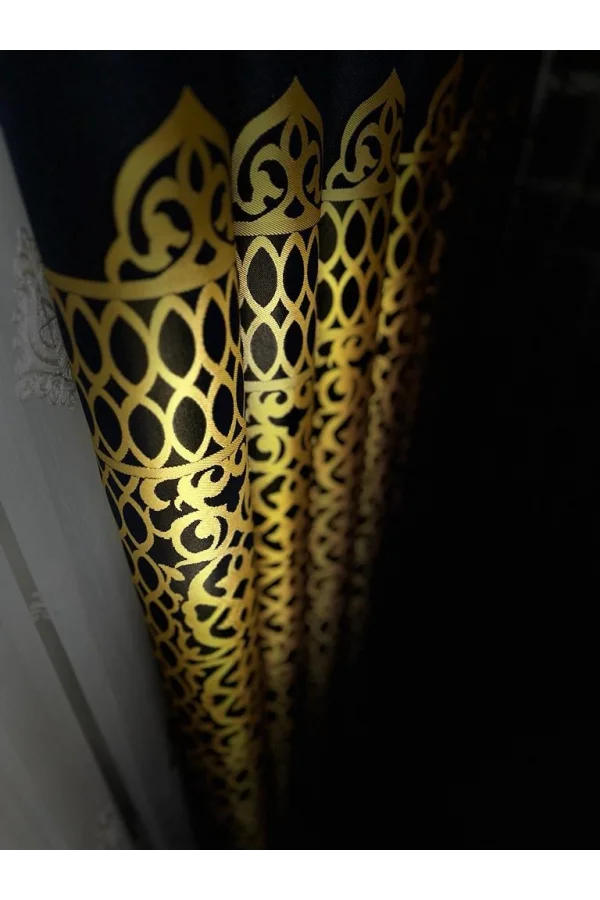 NİVEMESHOME VINTAGE DARK BLUE-GOLD 1/3 HEAVY PILE BACKGROUND CURTAIN APM