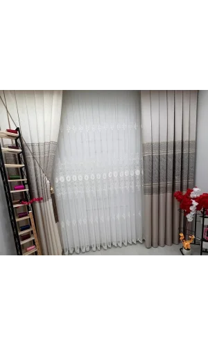 NİVEMESHOME HAZEL APLİK3 ECRU 1/3 KÜÇÜK BAMBU TÜL PERDE