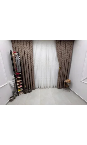 NİVEMESHOME SEDEF 3-0006 COFFEE 1/3 EMBROIDERED CURTAIN FABRIC