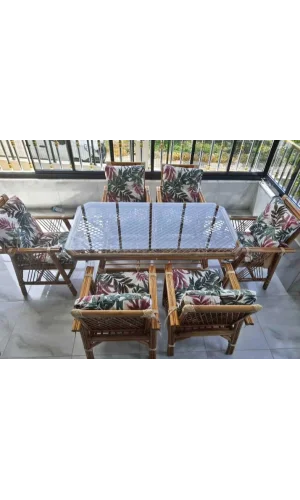NİVEMESHOME 6-PERSON PADDED BAMBOO SEATING SET (6 CHAIRS+TABLE)