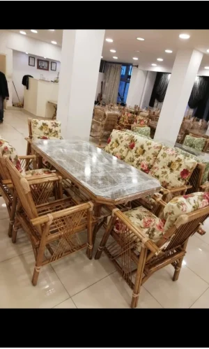 NİVEMESHOME 7 PERSON PADDED BAMBOO SEATING SET (4 CHAIRS + 3 PIECE TABLE)