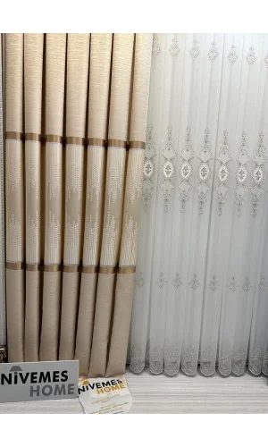 NİVEMESHOME AMASRA FT614164 V-101 CREMA 1/3 CORTINA DE FONDO DE VELVET APG