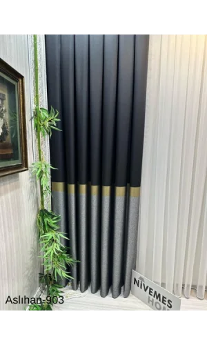 NİVEMESHOME ASLIHAN SİYAH-GOLD FT632116 V-903 1/3 SIK PİLE FON PERDE APM