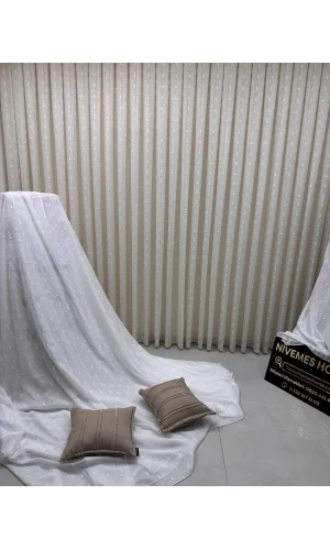 NİVEMESHOME FLORIDA LINEN-LOOK CHAMPAGNE COLORED BOHEMIAN STYLE POMPOM 1/3 THICK PILE TULLE CURTAIN APM