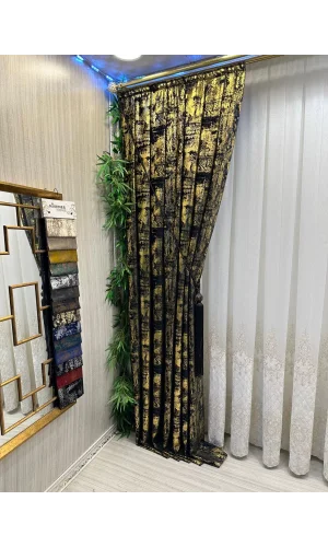 NİVEMESHOME GÖKYÜZÜ 08 FON PERDE SİYAH-GOLD 1/3 SIK PİLELİ PERDE APM