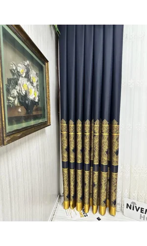 NİVEMESHOME GÖNEN LACİVERT-GOLD 671539 V-503 1/3 SIK PİLELİ FON PERDE APM