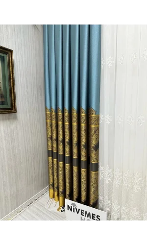 NİVEMESHOME GÖNEN TURKUAZ-GOLD 671539 V-2504 1/3 SIK PİLELİ FON PERDE APM