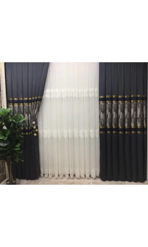 NİVEMESHOME HAYALLİFE ATLAS V-2531 LACİVERT- GOLD 1/3 SIK PİLELİ FON PERDE APM