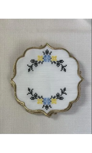 NİVEMESHOME KANAVİÇE NAKIŞLI SARI-MAVİ OVAL (6 ADET) KETEN KOKTEYL PEÇETESİ KAHVE YANI SUNUMLUK