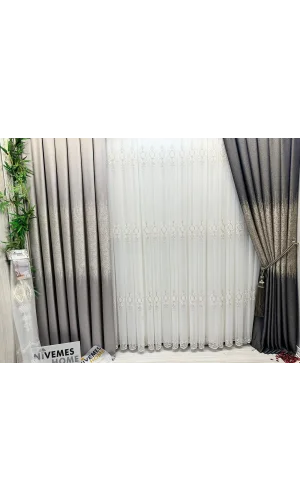 NİVEMESHOME LANTANA GOLD DETAYLI 1/3 SIK KETEN TÜL PERDE APM