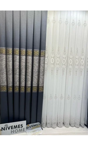 NİVEMESHOME LİKYA FT632120 V-2501 AZUL-DORADO 1/3 PLEGABLE CORTINA DE TUL APM