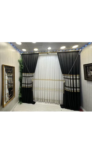 NIVEMESHOME LOTUS GOLD İŞLEMELİ 1/2,5 SIK PİLELİ TÜL PERDE APM