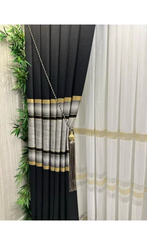 NİVEMESHOME CORTINA DE FONDO DE GASA FRUNCIDA DE 1/3 RAYAS NEGRAS Y ORADAS