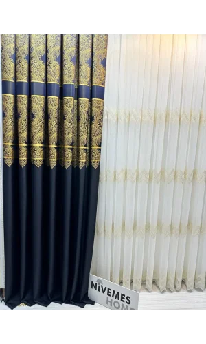 NİVEMESHOME MİLAS AZUL-DORADO 671539 1/3 CORTINA DE FONDO CON PLIEGUES APRETADOS