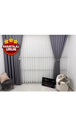 NIVEMESHOME OLIVIA 2025 V-3 SILVER DETAILED 1/3 TIGHT GATHERED TULLE CURTAIN APM