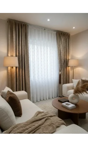 NİVEMESHOME PUFY 1-006 TAM DESEN EKRU 1/3 PİLELİ TÜL PERDE