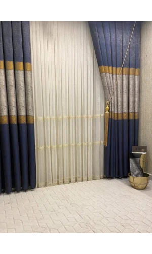 NİVEMESHOME SESİLYA ZİGZAG İŞLEMELİ GOLD 1/3 SIK PİLE TÜL PERDE APM