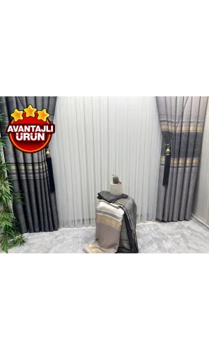 NİVEMESHOME ŞİMAL GÜMÜŞ DETAYLI 1/3 SIK PİLELİ TÜL PERDE APM