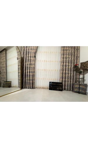 NİVEMESHOME SİNOP 523 V-104 ALTIN İŞLEMELİ 1/3 SIK PİLELİ TÜL PERDE APM