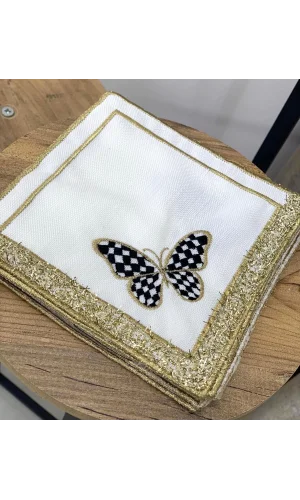 NİVEMESHOME SİYAH KELEBEK NAKIŞLI GOLD KARE (6 ADET) KETEN KOKTEYL PEÇETESİ KAHVE YANI SUNUMLUK