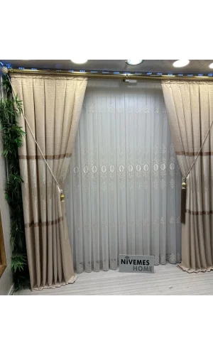 NİVEMESHOME STAR 2027 GOLD DETAYLI 1/3 SIK PİLELİ TÜL PERDE APM