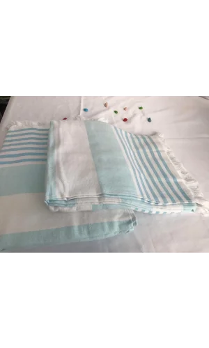 NİVEMESHOME TURKUAZ-BEYAZ ÇİZGİLİ PÜSKÜLLÜ PLAJ HAVLUSU