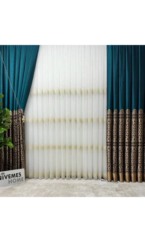 NİVEMESHOME VİNTAGE YEŞİL-GOLD V-901 1/3 SIK PİLELİ FON PERDE APM