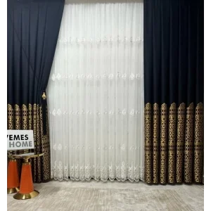 NİVEMESHOME VİNTAGE LACİVERT-GOLD 1/3 SIK PİLELİ FON PERDE APM