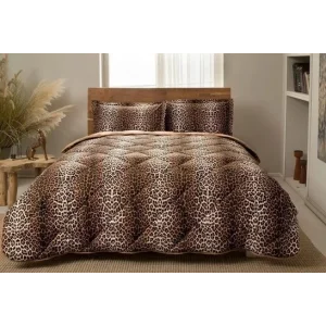 JUEGO DE EDREDÓN DE LEOPARDO CON TAPACAMAS COLOR CAFÉ, INDIVIDUAL.