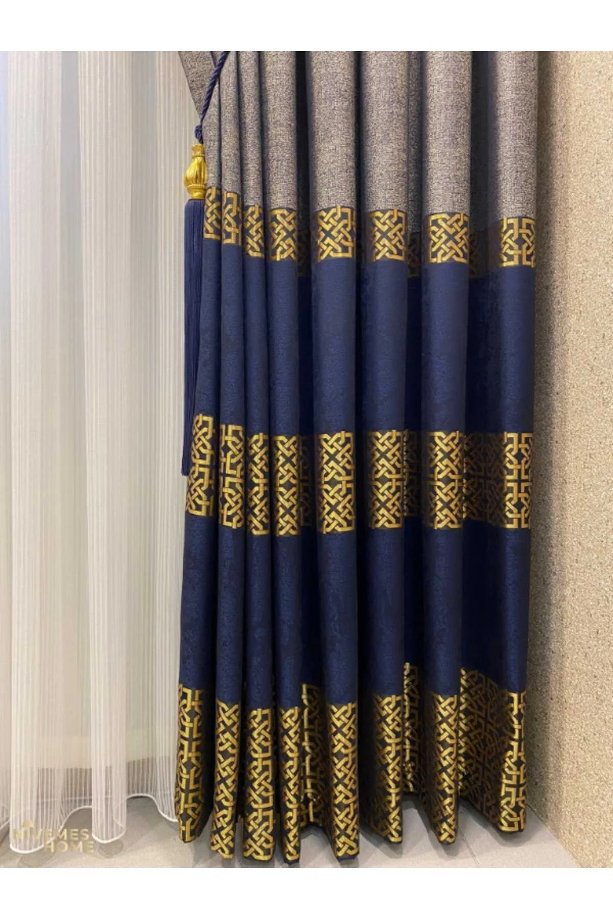 NİVEMESHOME 1/3 SIK PİLE NATUREL AZUL MARINO GRIS PANEL DE FONDO CORTINA APM