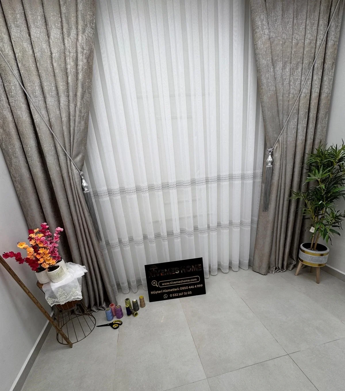 NİVEMESHOME 2075 MELODİ V-GREY 1/3 PİLELİ BAMBU TÜL PERDE