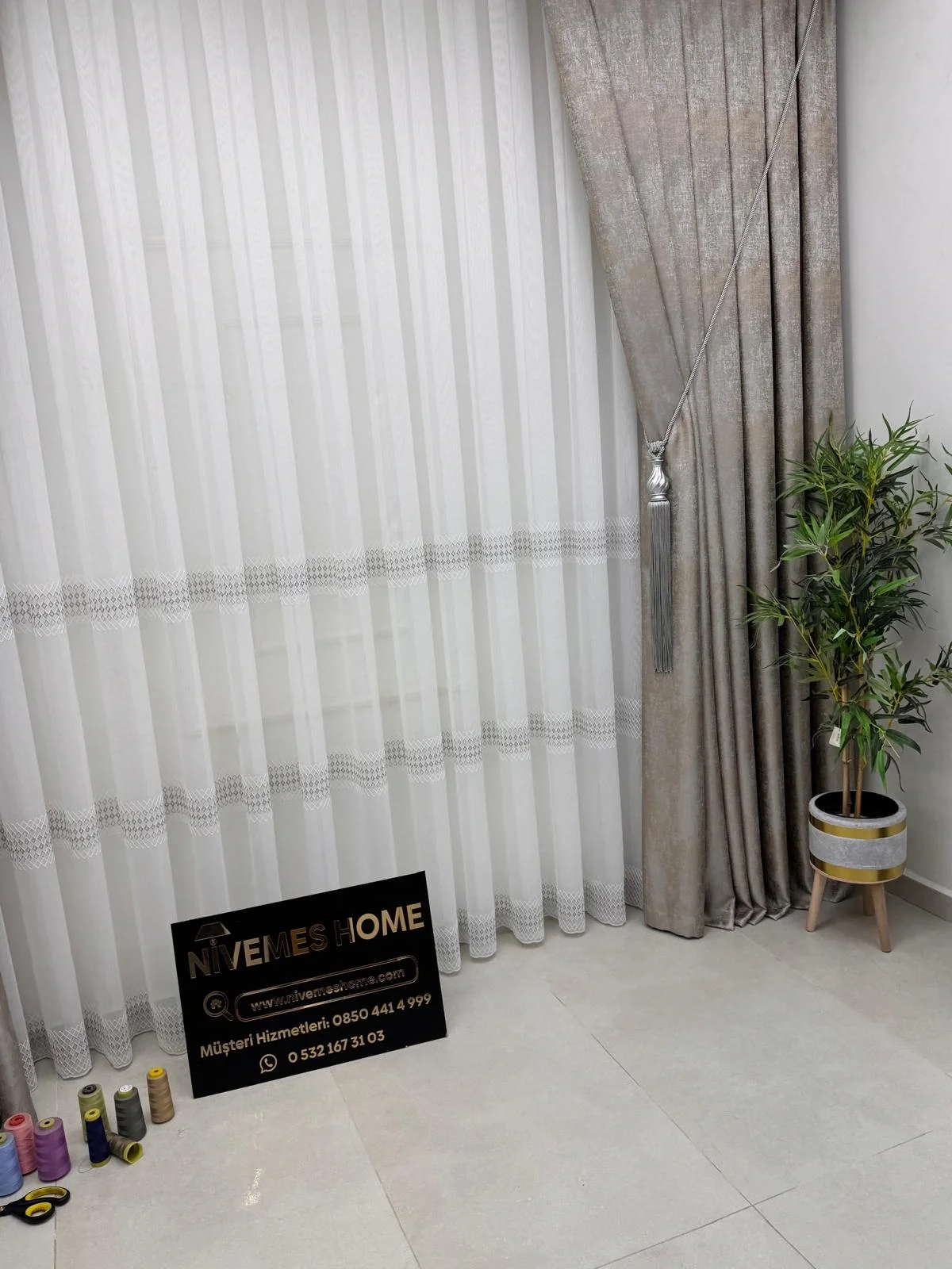 NİVEMESHOME 2075 MELODİ V-GREY 1/3 PİLELİ BAMBU TÜL PERDE