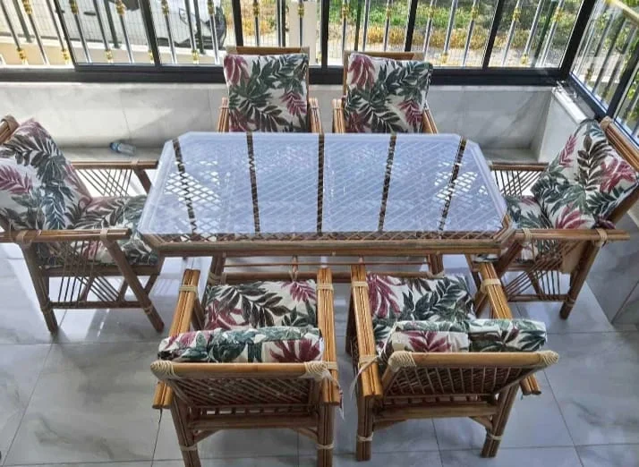 NİVEMESHOME 6-PERSON PADDED BAMBOO SEATING SET (6 CHAIRS+TABLE)