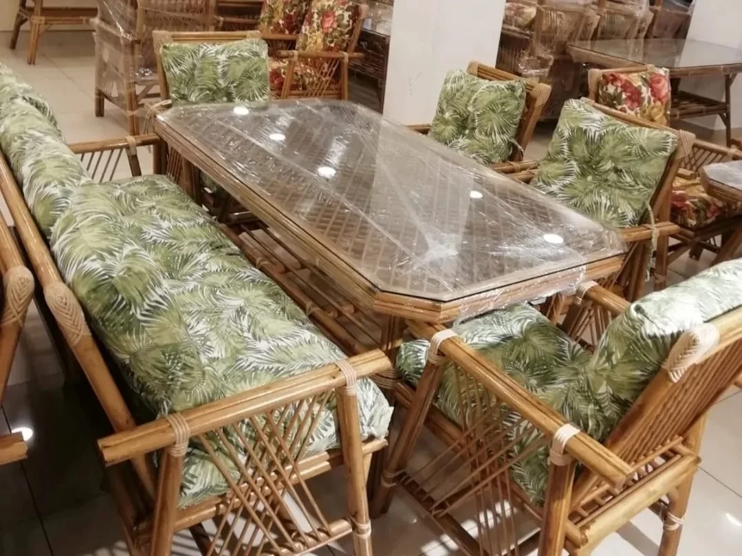 NİVEMESHOME 7 PERSON PADDED BAMBOO SEATING SET (4 CHAIRS + 3 PIECE TABLE)