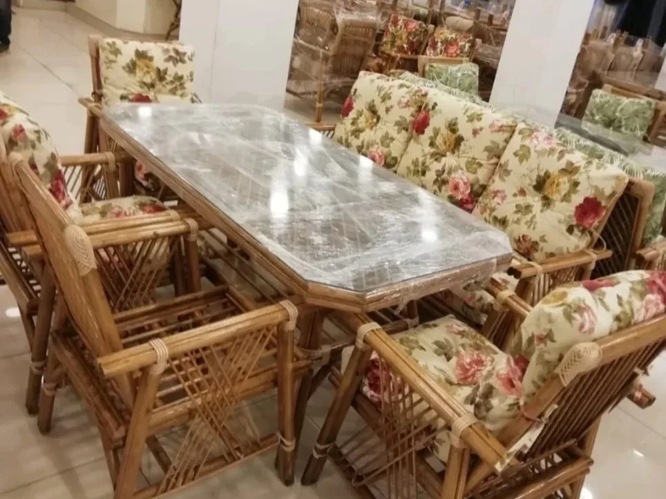 NİVEMESHOME 7 PERSON PADDED BAMBOO SEATING SET (4 CHAIRS + 3 PIECE TABLE)