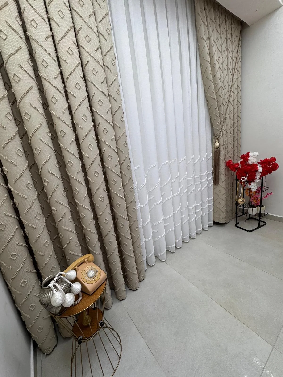 NİVEMESHOME AHU 1-0049P  YARI DESENLİ  1/3  PİLELİ  TÜL PERDE APM